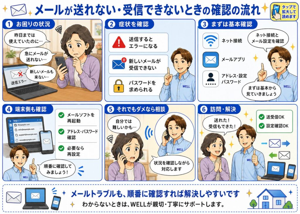 メールが送れない・受信できないときに、症状確認、基本確認、端末側の確認、相談、訪問解決までの流れを漫画で説明した画像