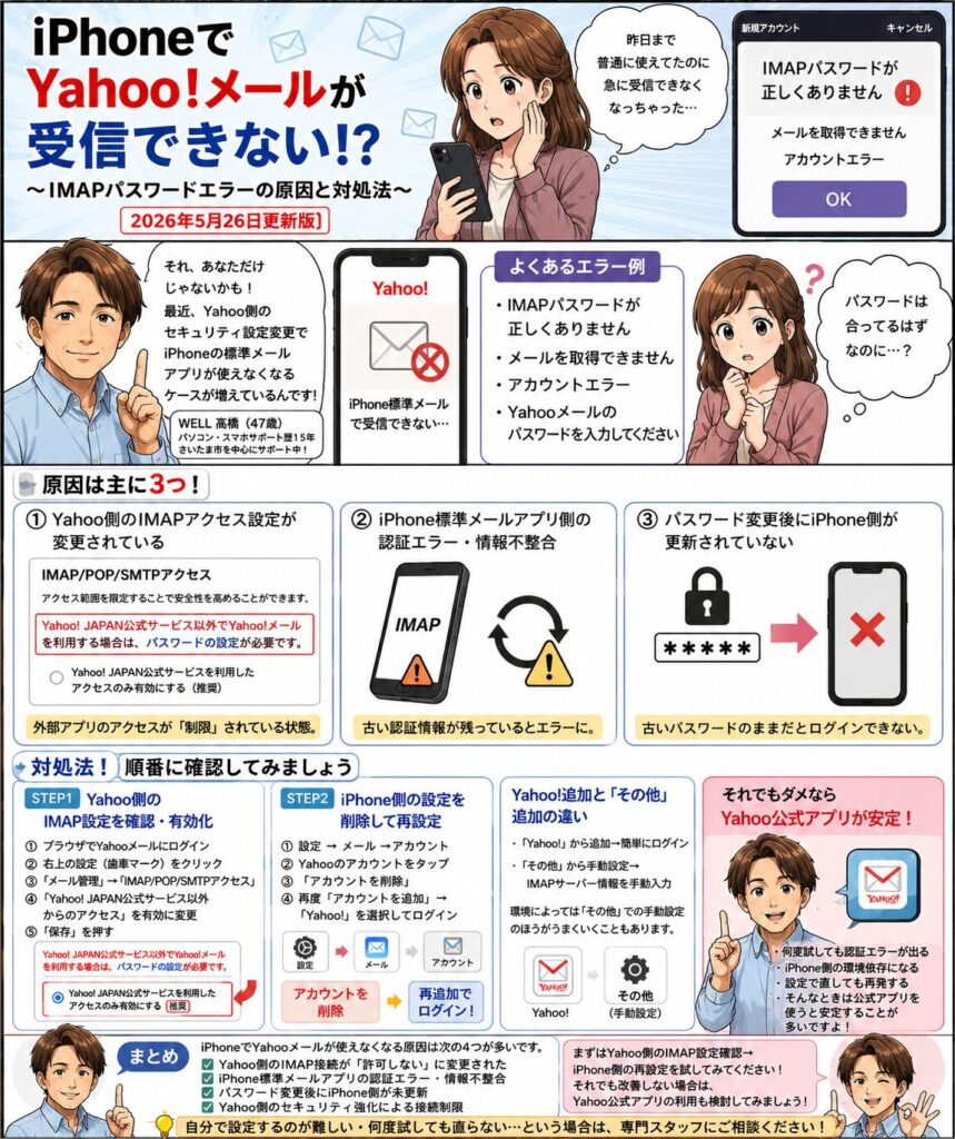 iPhoneでYahooメールが受信できないIMAPパスワードエラーの原因と対処法を解説した漫画形式インフォグラフィック
