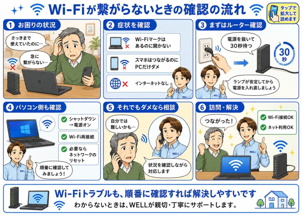 Wi-Fiが繋がらないときに、症状確認、ルーター再起動、パソコン側の確認、相談、訪問解決までの流れを漫画で説明した画像