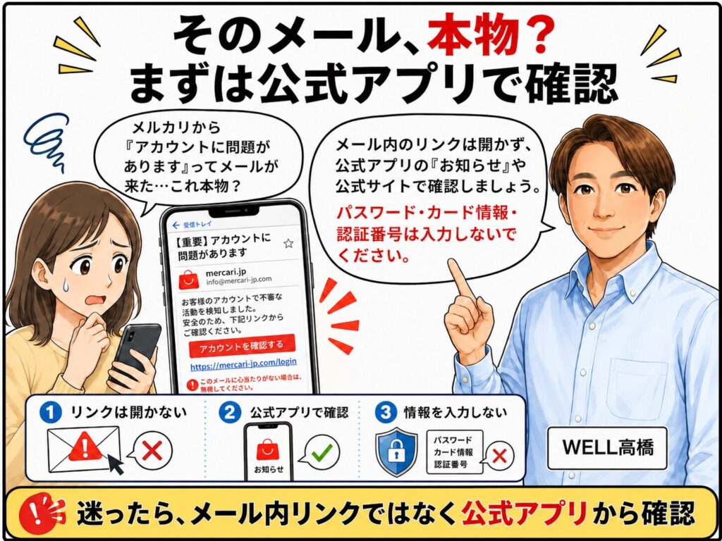 メルカリを装った不審なメールが本物かどうか公式アプリで確認する方法を説明する一コマ漫画