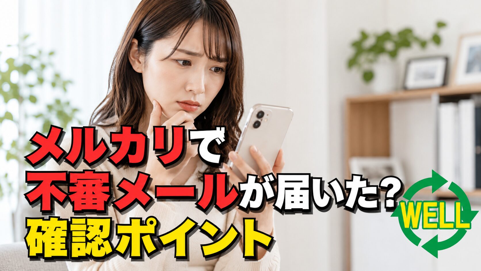メルカリを装った不審なメールが届いた時に公式アプリで確認するポイントを示したサムネイル画像