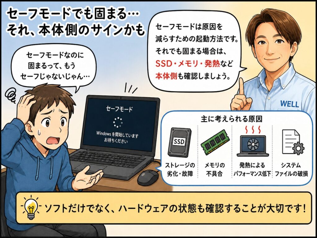 セーフモードでも固まるパソコンで本体側の原因を確認する説明漫画