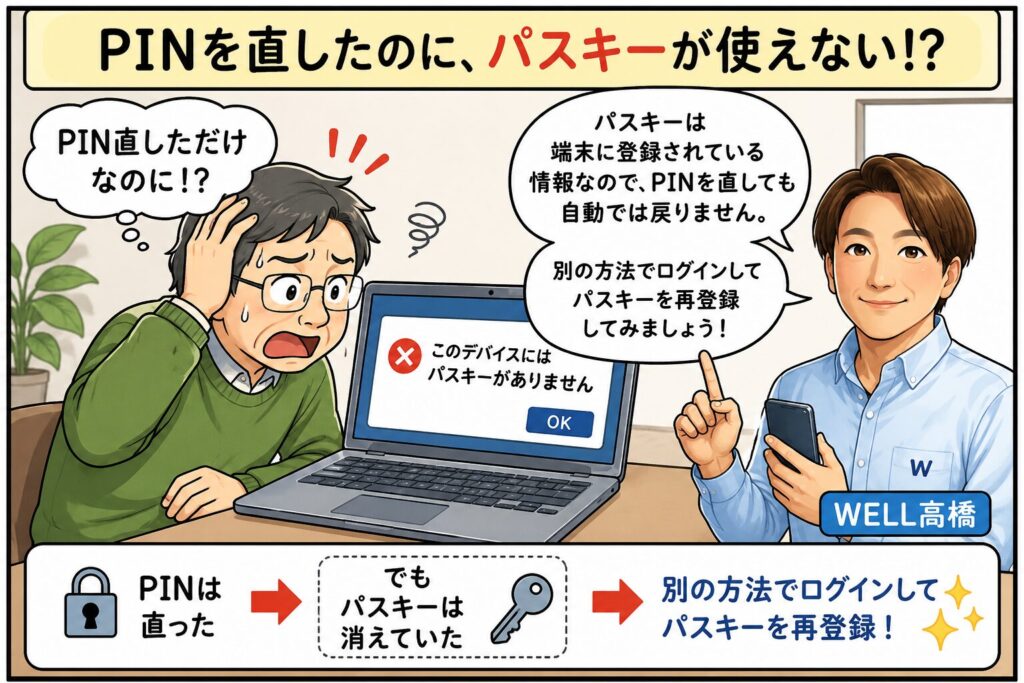 PIN再設定後にパスキーが使えなくなり困る男性