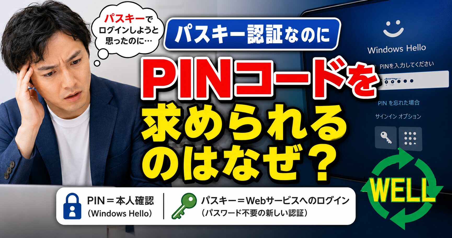 Windows HelloのPINとパスキーの違いを解説するサムネイル画像
