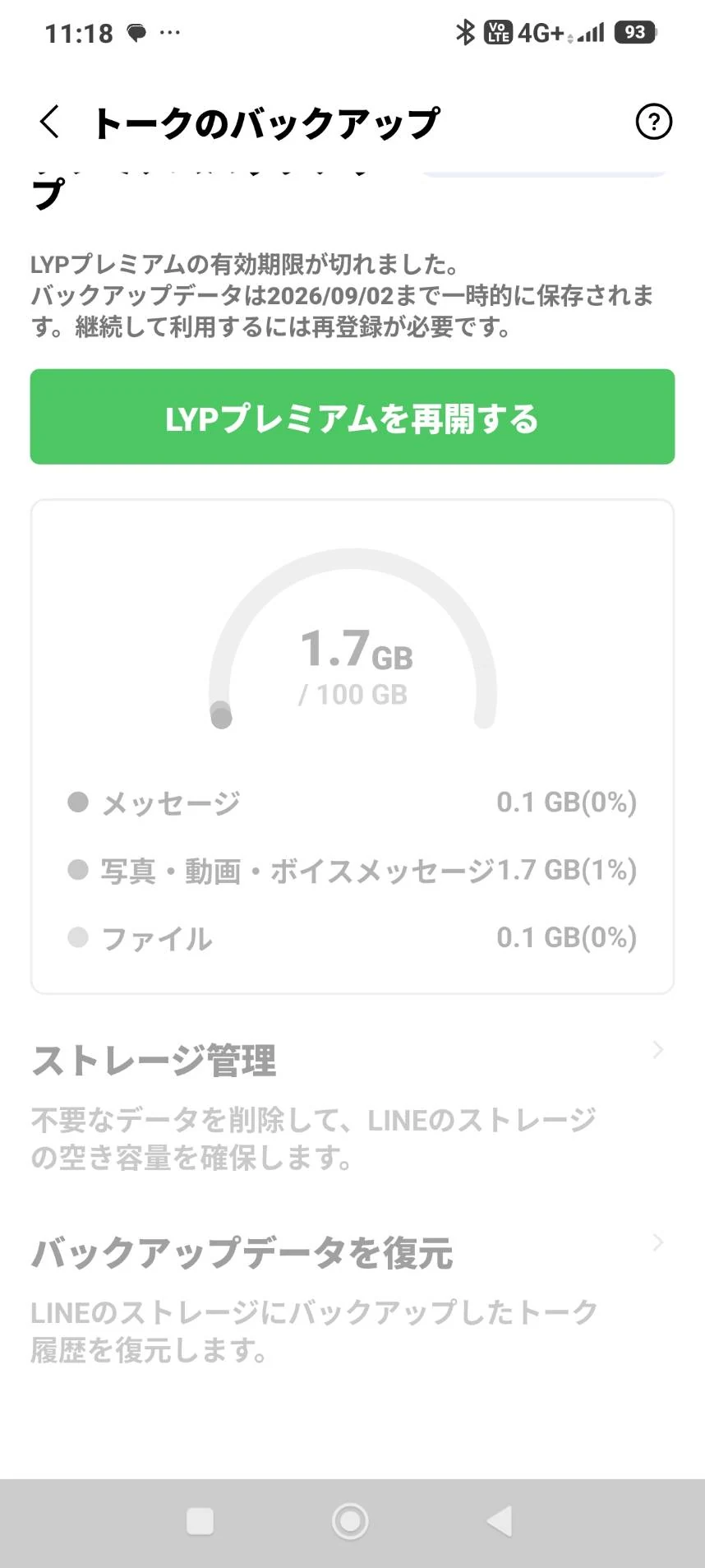 LINEのプレミアムバックアップに1.7GBと保存期限が表示された画面