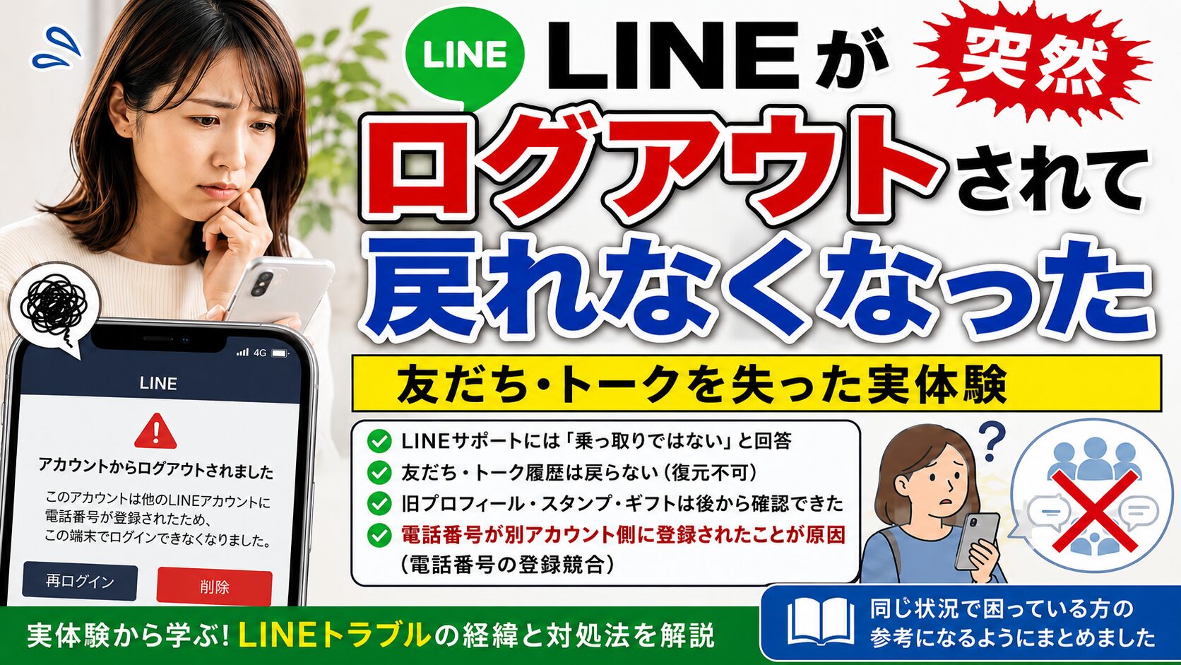 LINEが突然ログアウトされ、友だちやトーク履歴を失った実体験を説明するWELL記事用サムネイル