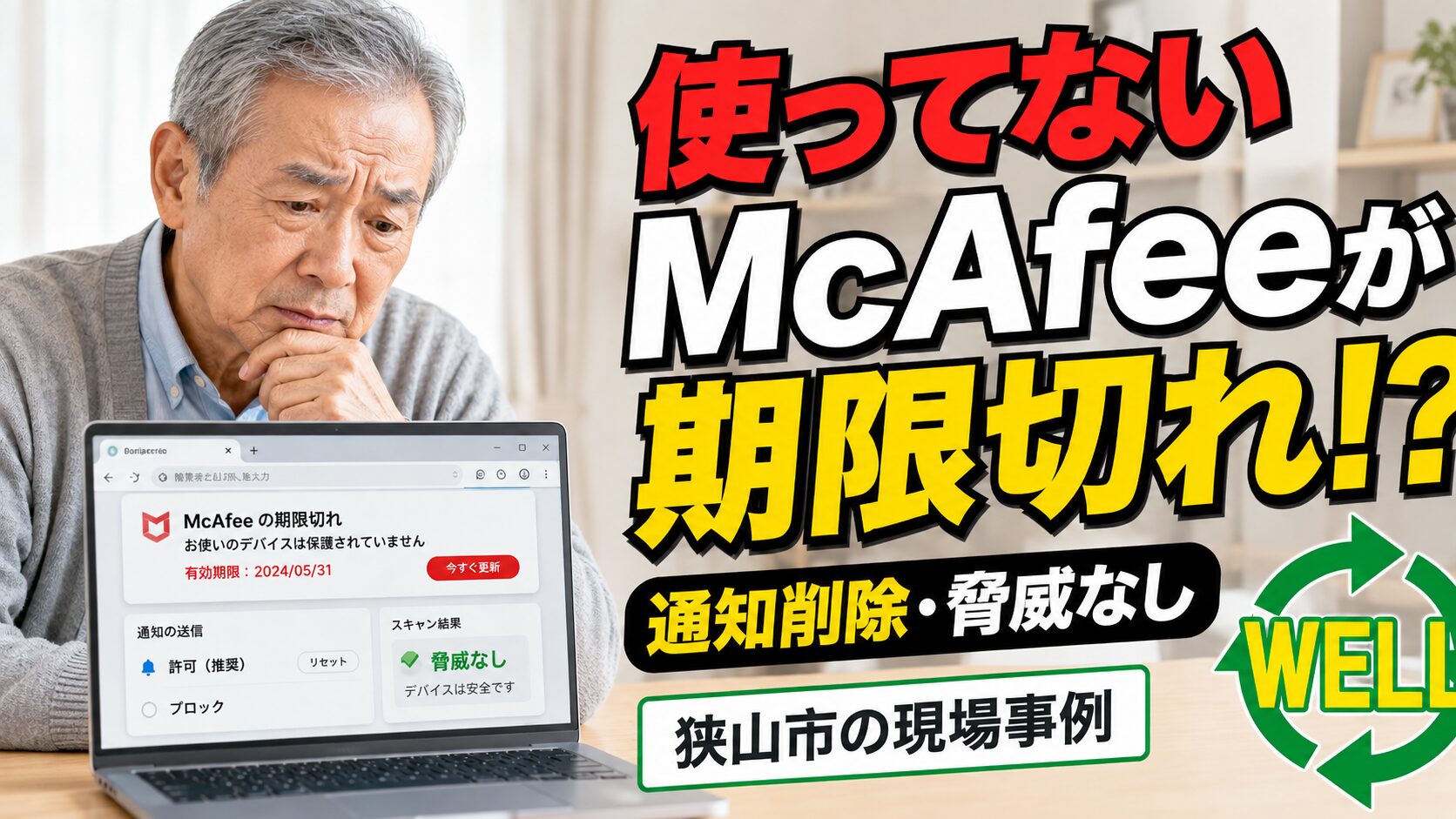 使っていないMcAfeeの期限切れ警告に困る男性と、通知削除やウイルススキャン結果を示した狭山市のWELL訪問サポート事例