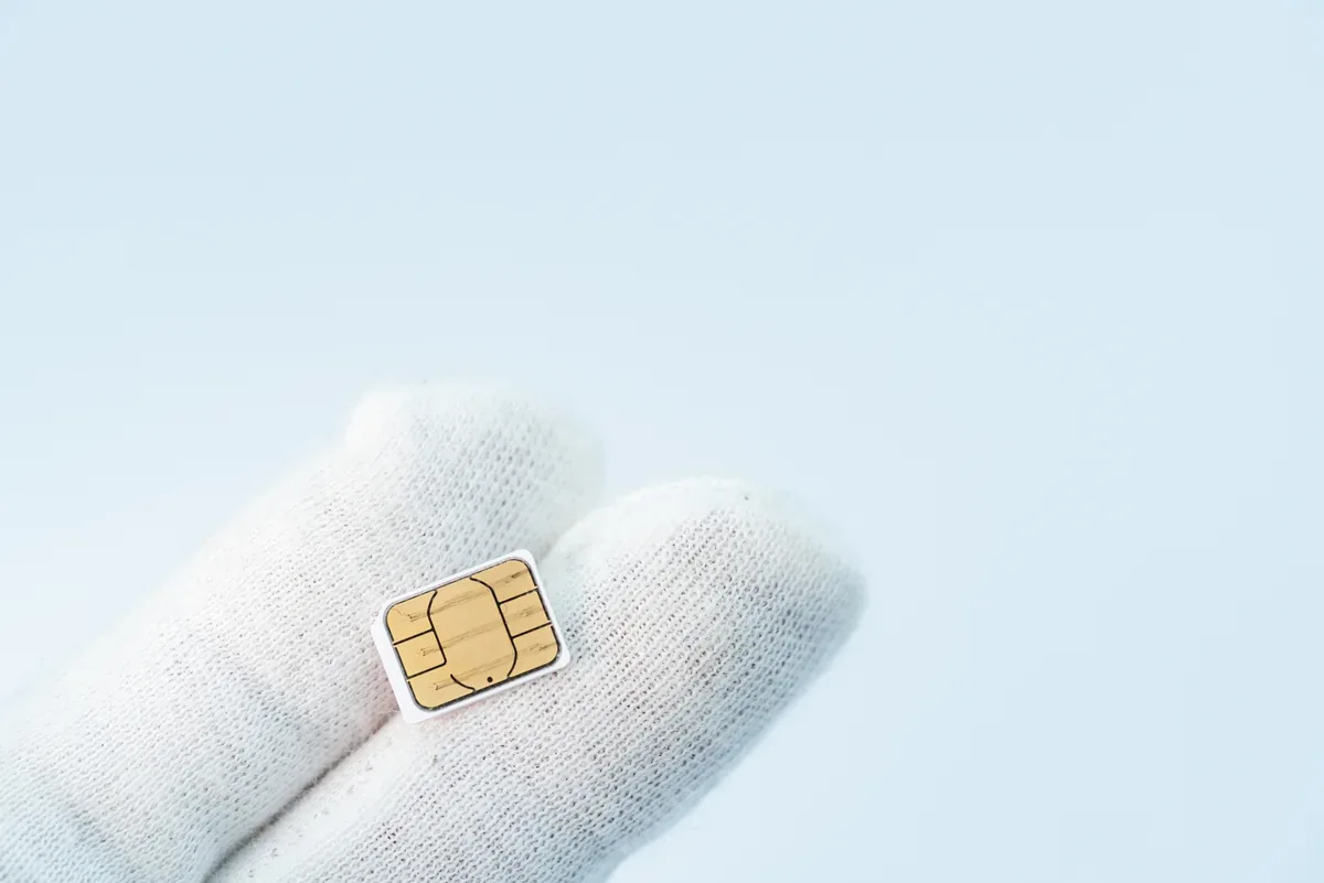 手袋をした手に載せたSIMカード