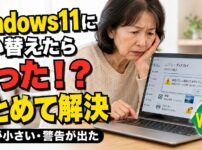 Windows 11パソコンへの買い替え後に文字の小ささや警告表示で困っている女性を描いたWELL訪問サポート事例のサムネイル