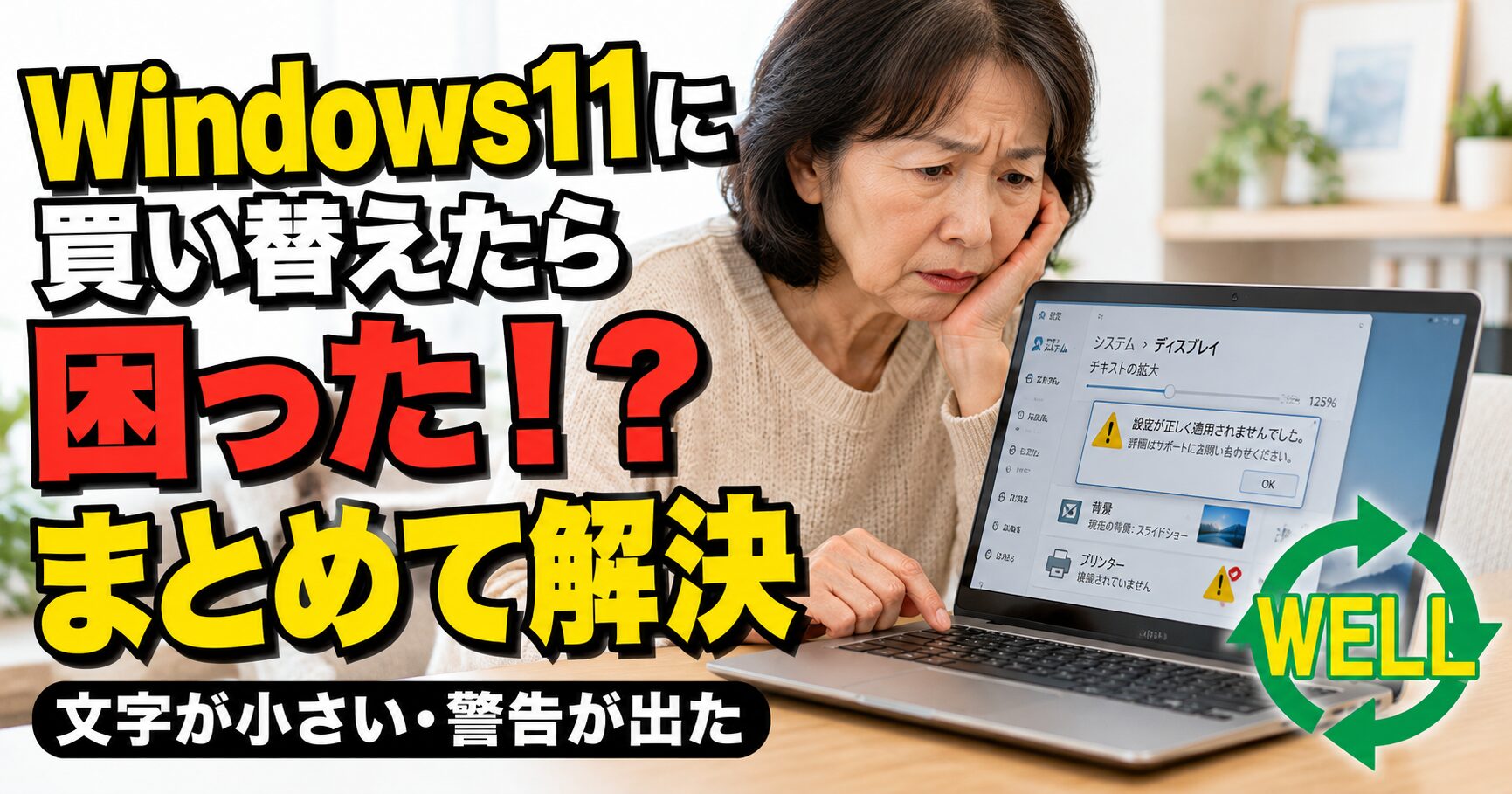 Windows 11パソコンへの買い替え後に文字の小ささや警告表示で困っている女性を描いたWELL訪問サポート事例のサムネイル