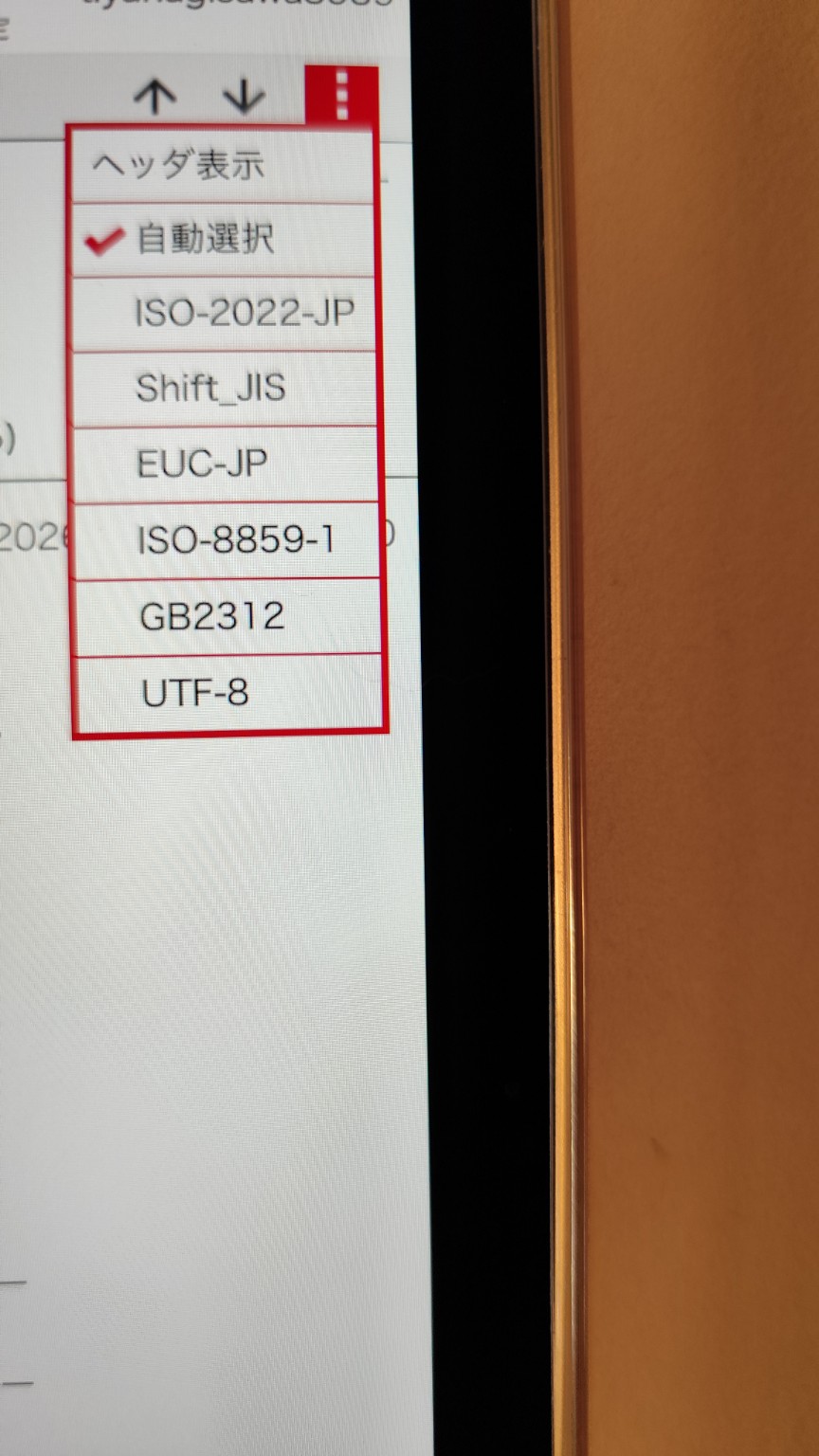 ドコモメールWeb版の右上メニューでヘッダ表示と文字コード選択肢が表示された画面