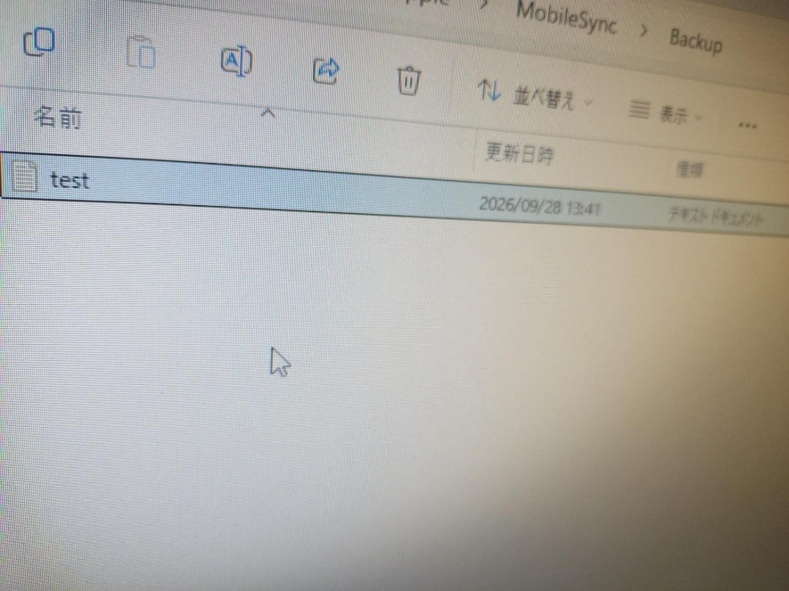 Cドライブ側のMobileSync Backupでtestファイルを確認した画面