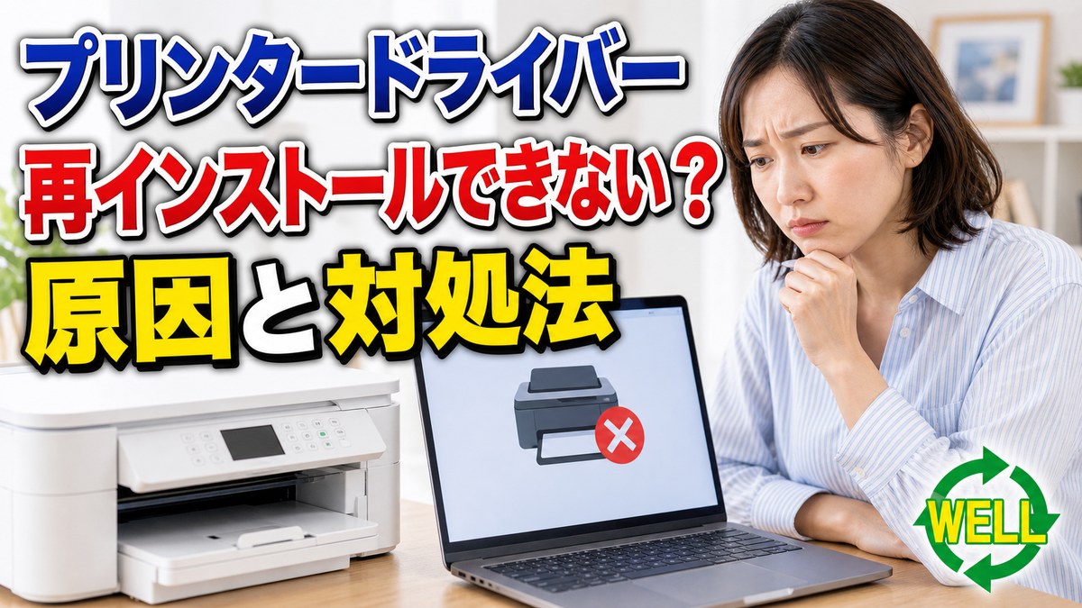 Windows 11でプリンタードライバーを再インストールできない時の原因と対処法を示すWELL記事サムネイル