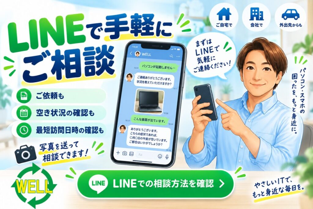 WELLのLINE相談案内。パソコン・スマホの困りごとを写真付きでLINEから相談できる案内バナー