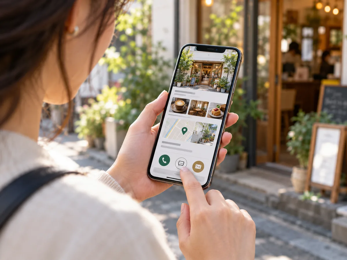 スマートフォンで地域のお店のホームページと問い合わせ先を確認する様子